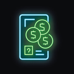 Neon sign depicting a smartphone with a mobile banking app interface and dollar coins, symbolizing online finance management