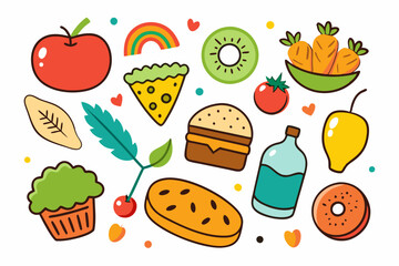 Colorful Doodle Set of Various Food Elements in a Fun Cartoon Style