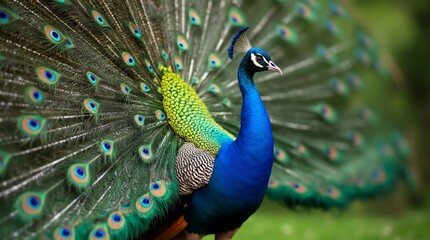 A majestic peacock displaying its vibrant plumage in full bloom