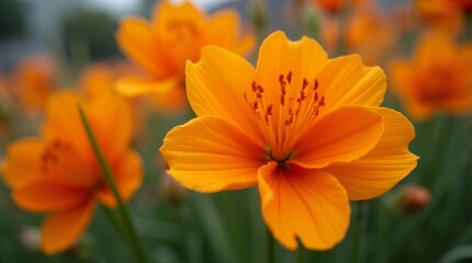 Fototapeta premium A stunning close-up of saffron orange flowers blooming in a garden, showcasing their vibrant hues and intricate petal details, symbolizing warmth and joy.