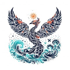 Obraz premium AI Generate of Mythical Phoenix Shape Art Silhouette with Natural Element such as Wind, Tree, Water, Animal, Wood, Sun, Moon, isolate in white.