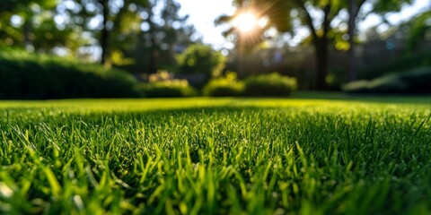 Lush Green Grass in the Warm Glow of Golden Hour Sunlight Serene Backyard Nature Background