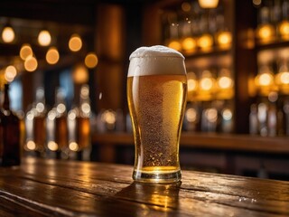 Glass of beer with foam on a bar counter