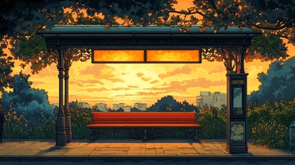 Obraz premium Serene sunset glows warmly behind ornate bus stop bench. AI Generated