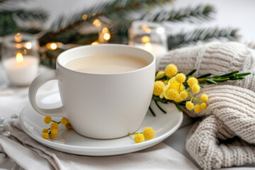 A steaming cup of tea with milk, surrounded by glowing candles, soft knit fabric, and delicate mimosa flowers. The warm ambiance creates a perfect winter relaxation scene.  
