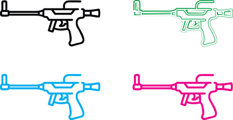 Simple cartoon bus icons, minimalist line drawings, vibrant neon colors, front view buses, playful transportation symbols, geometric vehicle shapes, outlined vehicle designs, colorful public transit l