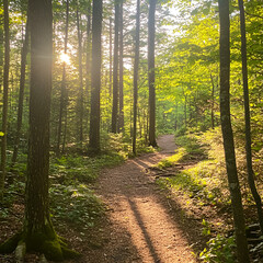 Fototapeta premium Sun-Dappled Trail: A picturesque trail winds through a dense forest, bathed in the golden light of the sun, inviting viewers to wander and explore the serene beauty of nature.