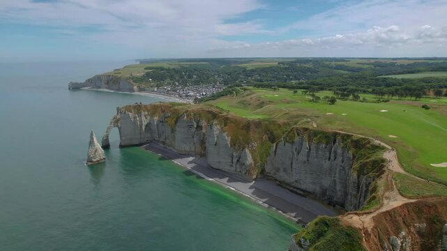 Aerial footage of Etretat cliffs in Normandy, France.