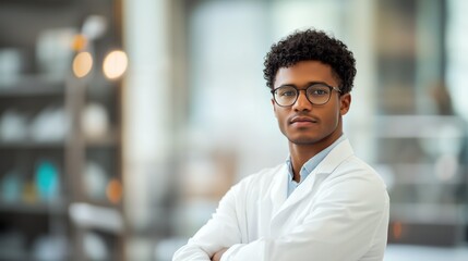 Obraz premium Portrait of young male scientist cross arms short curly hair and glasses science lab background