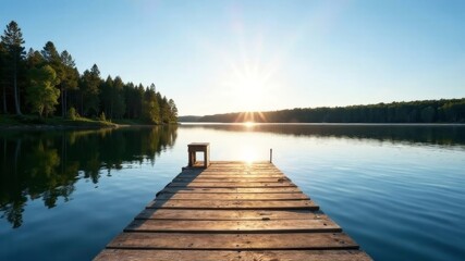 Fototapeta premium A wooden pier stands in front of the lake in the evening