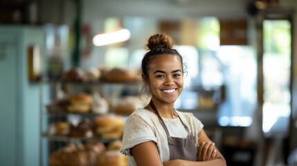 Fototapeta premium Portrait of young female baker or chef cross arms at restaurant kitchen