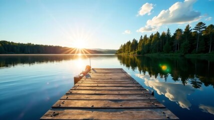 Fototapeta premium A wooden pier stands in front of the lake in the evening