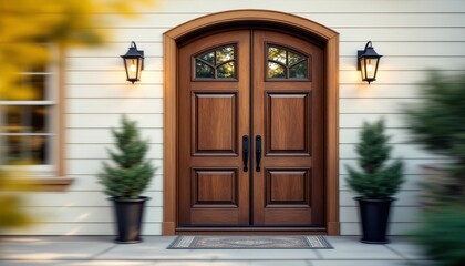 Symmetrical Wooden Doorway with Sconce Lighting and Potted Plants on a Home Exterior