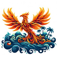 Obraz premium AI Generate of Mythical Phoenix Shape Art Silhouette with Natural Element such as Wind, Tree, Water, Animal, Wood, Sun, Moon, isolate in white.