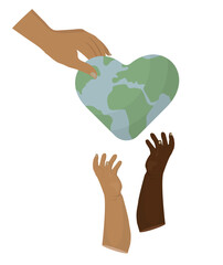 Child Hands Reaching for Heart-Shaped Earth Unity Concept. Gobal unity, diversity, and shared environmental stewards. Humanitarian aid and charity. Earth day. Vector illustration