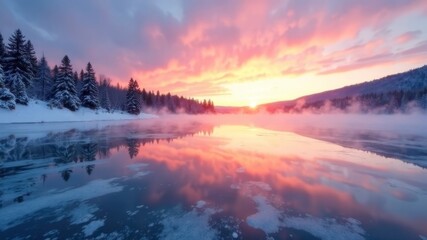 Fototapeta premium winter river with steam coming out of it at sunset during frosts