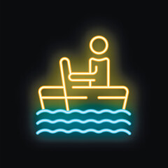 Yellow and blue neon sign of a fisherman standing on his boat, sailing the ocean waves