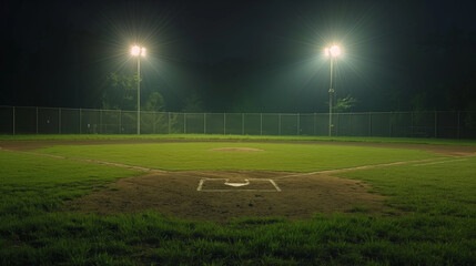 Baseball field at night with bright floodlights and copy space