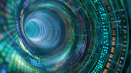 A graphic representation of data flowing through a network with digital connections and binary code