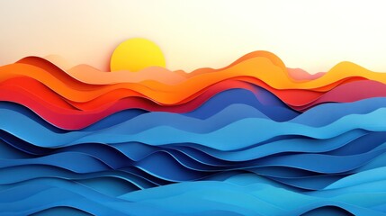 Fototapeta premium Sunset ocean waves paper art, layered design, sunrise background, graphic design