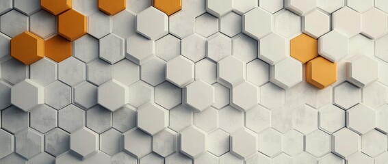 Minimalistic 3D hexagon pattern with white and orange elements on a grey background in high-resolution design