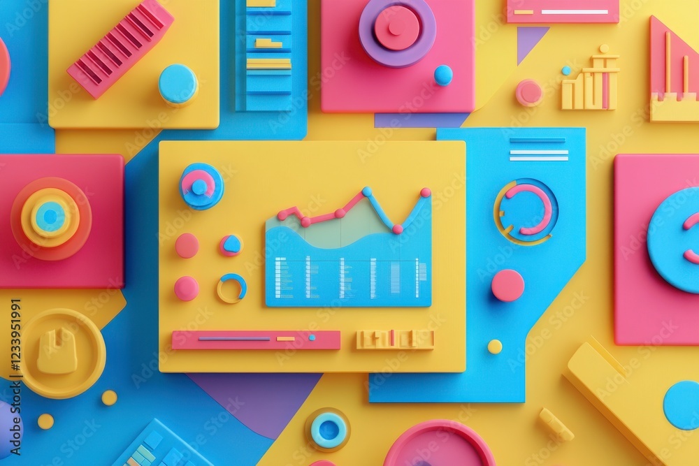 Poster A vibrant, 3D abstract display of colorful graphs and shapes, representing data visualization in a playful, modern style.
