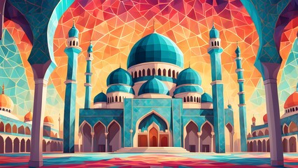 Vibrant low-poly illustration of a majestic turquoise mosque under a warm, geometric sunset.