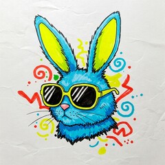 cool blue bunny wearing sunglasses illustration with colorful swirls and doodles on white background