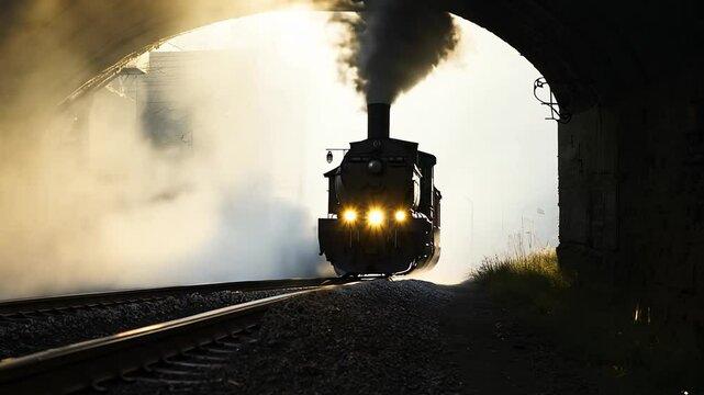 Low angle video of a steam train silhouette, emerging from a tunnel, backlit by bright daylight, smoke billows adding to the dramatic effect