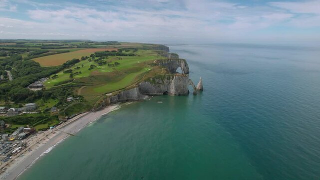 Aerial footage of Etretat cliffs in Normandy, France.