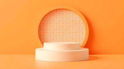 3D orange cylinder podium background with white pedestal in circle window and vertical pattern scene. Minimal mockup product stage showcase, banner promotion display. Generative AI