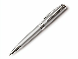 A sleek, silver ballpoint pen lying on a white surface, showcasing its modern design and polished finish.