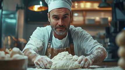baker smiling and looking the camera while kneading bread dough in a bakery.