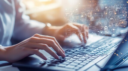 A person typing on a laptop with digital overlays, symbolizing technology, data processing, and contemporary work environments.