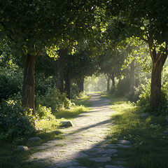 Naklejka premium Path Through The Woods: A serene stone path winds its way through a sun-dappled forest, under a canopy of lush green leaves, inviting exploration and tranquility.