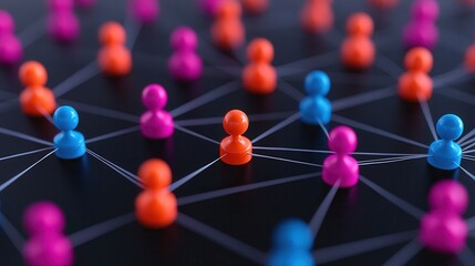 Career development thrives through professional networking, mentorship, and strategic growth. Colorful network of connected figures on a dark background.