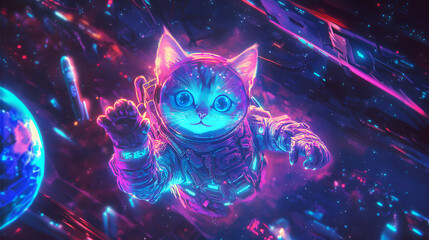 A futuristic cat is floating in space waving its hands.