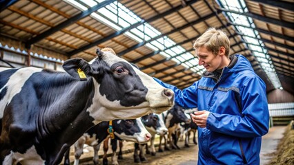 Farmer holding head of cow in a barn, emphasizing the human-animal bond and livestock farming practices in an agricultural setting.