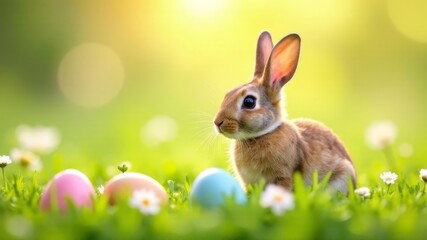 Obraz premium Easter bunny and colored eggs on the grass