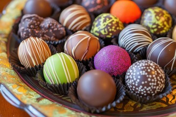 Obraz premium Delightful chocolate truffles and candy assortment on a decorative plate gourmet food presentation home kitchen close-up view vibrant colors and textures
