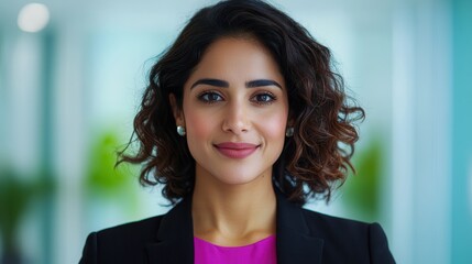 Fototapeta premium Career development thrives through professional networking, mentorship, and strategic growth. Confident woman in professional attire smiling indoors.
