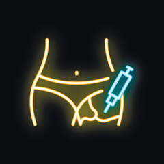 Neon sign depicting a syringe injecting a solution into the lower body area, possibly representing medical or cosmetic procedures