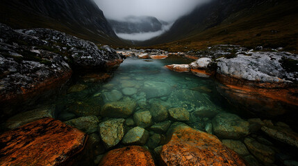 Mountain stream, clear water, rocks, misty peaks, tranquil nature scene, travel poster