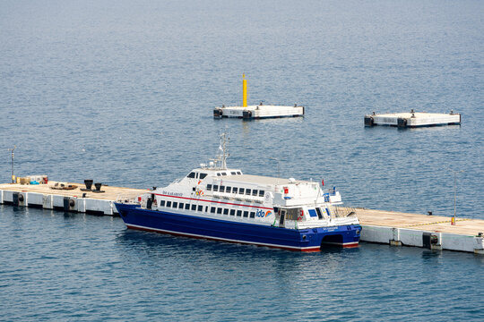 Kusadasi, Turkey - July 4, 2024: Ido Sea bus at the pier in Fethiye Turkey on a sunny day