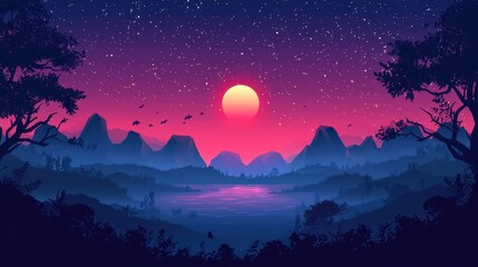 Serene Sunset Landscape With Mountains And Lake