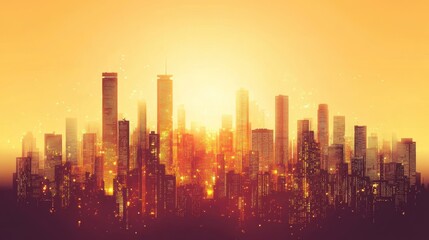 Fototapeta premium Golden Hour Cityscape Sunrise, Urban Skyline, Background Glow
