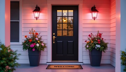 Inviting entrance with glowing lanterns and floral accents at twilight's embrace