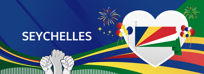Seychelles Independence Day modern greeting banner. 29 June Happy National Day. Holidays abstract concept in flag colors. Great for event like carnival, feast poster, support, culture and tourism