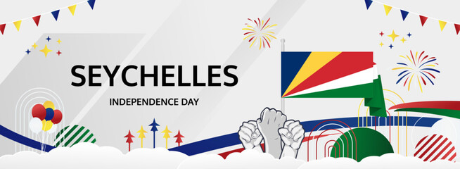 Seychelles Independence Day modern greeting banner. 29 June Happy National Day. Holidays abstract concept in flag colors. Great for event like carnival, feast poster, support, culture and tourism