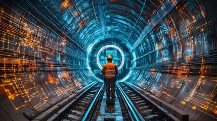Engineer in futuristic digital tunnel railway infrastructure technological advancements